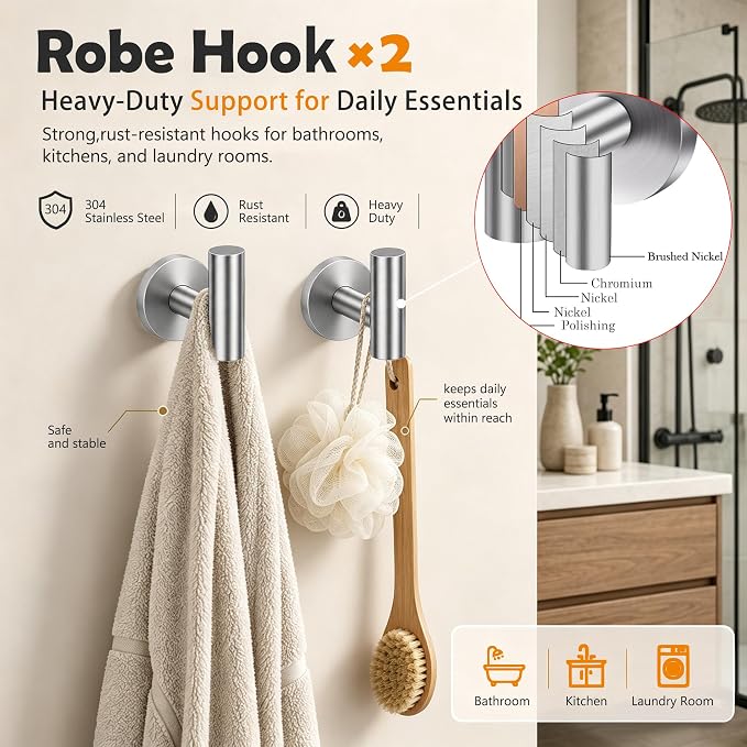 5 Piece Brushed Nickel Bathroom Hardware Accessories Set, 24" Towel Bar Set | Bathroom Towel Rack Set with Wall Mounted SUS304 Stainless Steel , Double Post Toilet Paper Holder, Towel Ring & Robe Hooks