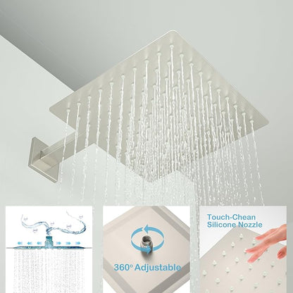 Rain Shower System High Pressure Shower Head 12 inch with Tub Spout,Wall Mounted Waterfall Bathroom Shower Faucet Sets Complete with Handheld Spray,Shower Valve and Trim kit,Brushed Nickel