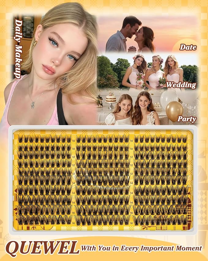 QUEWEL Lash Clusters Kit 300PCS C Curl Wispy Eyelash Clusters(JS01-Kit) | Natural Look Cluster Lashes Extensions Kit with Lash Bond and Seal and Tweezers Natural Eyelash Clusters Use at Home
