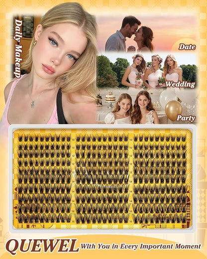 QUEWEL Lash Clusters Kit 300PCS C Curl Wispy Eyelash Clusters(JS01-Kit) | Natural Look Cluster Lashes Extensions Kit with Lash Bond and Seal and Tweezers Natural Eyelash Clusters Use at Home