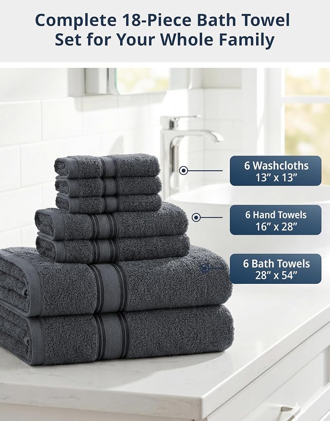LANE LINEN Towel Set for Bathroom 18 Piece Soft Absorbent - Cool Grey | Towels And Washcloths Sets - Oversized & Roomy, Lightweight & Breathable, Fade-Resistant Color, Classic Terry Weave