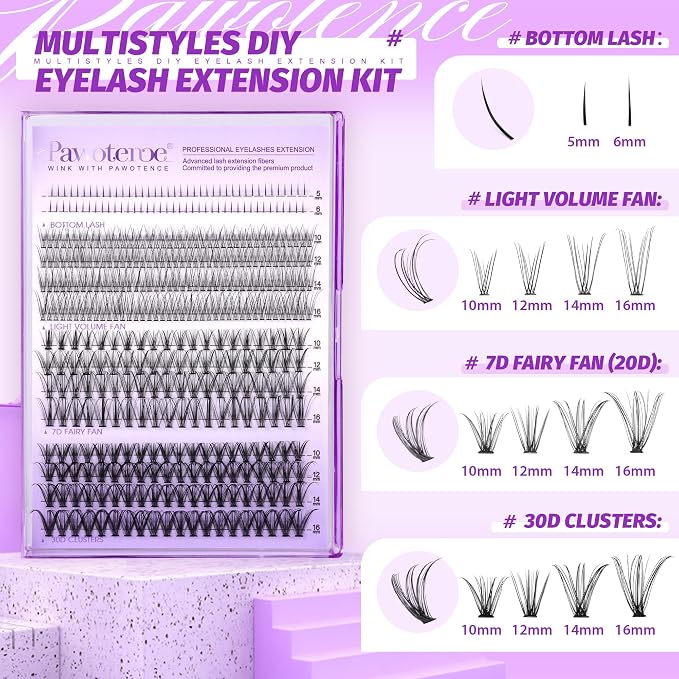 Lash Extension Kit Lash Clusters Multi-types Individual Lashes Natural Bottom, Light Volume, 20D 30D Clusters Eyelash Extension Kit with Lash Bond and Seal, Lash Applicator for Self Use