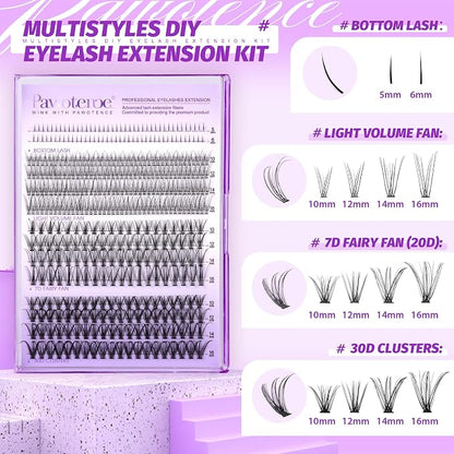 Lash Extension Kit Lash Clusters Multi-types Individual Lashes Natural Bottom, Light Volume, 20D 30D Clusters Eyelash Extension Kit with Lash Bond and Seal, Lash Applicator for Self Use
