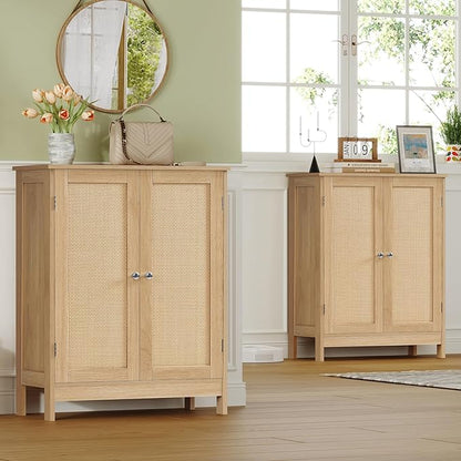 Iwell Storage Cabinet, Rattan Cabinet with Adjustable Shelf, for Living Room, Entryway, Kitchen, Home Office, Nature
