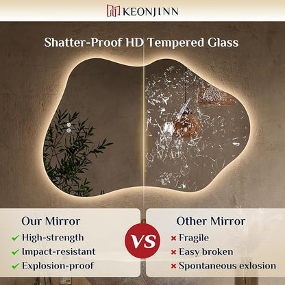 Keonjinn Irregular Backlit Bathroom Mirror 40 x 24 Inch, HD Tempered Glass | Asymmetrical Cloud LED Bathroom Mirror, 3000K/4500K/6000K, Dimmable, Fast & Safe Defog, Memory Function, Horizontal/Vertical