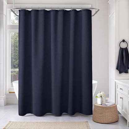 Long Waffle Shower Curtain - Navy Blue Cotton Texture Fabric Heavyweight Shower Curtains for Bathroom,72Wx78L