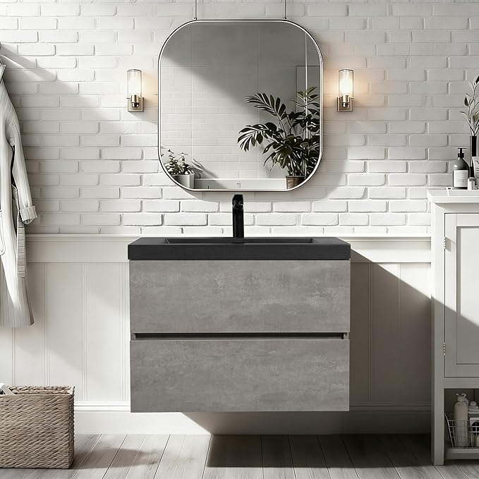 Floating Vanity Bathroom, 30 Inch Bathroom Vanity with Sink, Wall Mounted Single Sink Bathroom Vanity, Soft Closed 2 Drawers, Integrated Sink (Dark Birch)