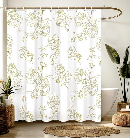 Shower Curtain for Bathroom Stall Boho Modern Cute Aesthetic Decorative Girly Waterproof Unique White and Gold Rose Girls Flower Design Teen Pretty Women Cortinas de Baño Bathtub 72 x72 Inch