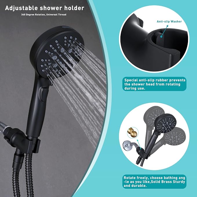 GwernKB Handheld Shower Head with ON OFF Switch & 79in Stainless Steel Hose | Built-in Power Spray,7-Setting High Pressure Spray with Bracket & Extra No Drilling Wall Shower Holder for Lower Mount,Black