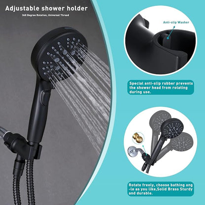 GwernKB Handheld Shower Head with ON OFF Switch & 79in Stainless Steel Hose | Built-in Power Spray,7-Setting High Pressure Spray with Bracket & Extra No Drilling Wall Shower Holder for Lower Mount,Black
