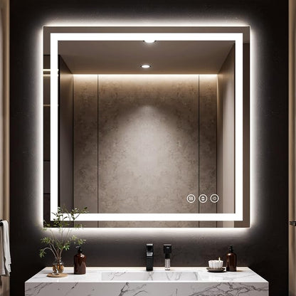 48x48 LED Bathroom Mirror with Anti-Fog, Backlit & Front Lit, Memory | Stepless Dimmable 3 Color CRI 95+ Shatterproof Tempered Glass ETL Listed for Safety Lighted Bathroom Vanity Mirror for Wall