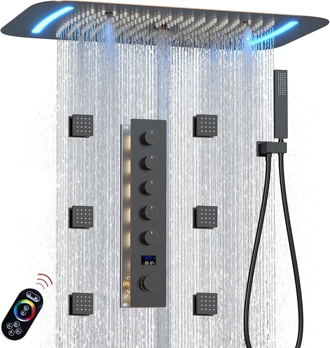 3 Functions Shower Head System Oil Rubbed Bronze Shower Faucet Set | 16X26 inch Ceiling Shower, 6 Body Jet, Handheld Shower, Temperature Display, 5 Functions Can All Run Together