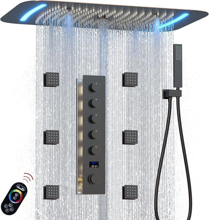 3 Functions Shower Head System Oil Rubbed Bronze Shower Faucet Set | 16X26 inch Ceiling Shower, 6 Body Jet, Handheld Shower, Temperature Display, 5 Functions Can All Run Together