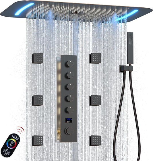3 Functions Shower Head System Oil Rubbed Bronze Shower Faucet Set | 16X26 inch Ceiling Shower, 6 Body Jet, Handheld Shower, Temperature Display, 5 Functions Can All Run Together