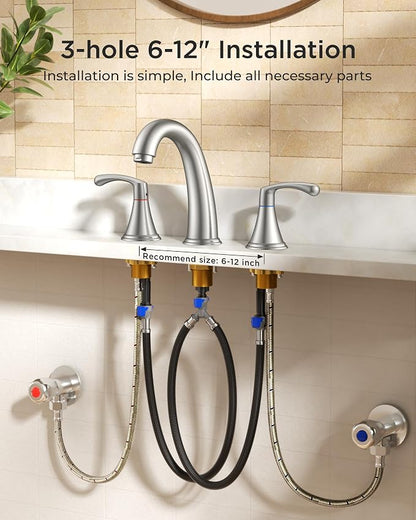 FORIOUS Bathroom Sink Faucet 3 Hole Widespread 8 Inch Brushed Nickel | 3-hole 6-12 Inch Widespread Sink Faucets with Drain and Water Supply Lines, for Vanity Rv Commercial Lavatory Restroom Basin