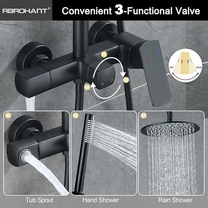 RBROHANT Exposed Shower System with Tub Spout, Matte Black Exposed Pipe Shower Faucet with 3 Functions Brass Shower Valve, Shower Height Adjustable, Wall Mounted