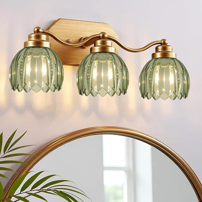 Gold Vanity Light, Vintage Tulip Green Glass Shade, Antique Brass Finish | 3 Light Brushed Gold Bathroom Light Fixtures, Crystal Wall Sconce, Mounted Over Mirror for Bedroom Hallway, Easy to Install