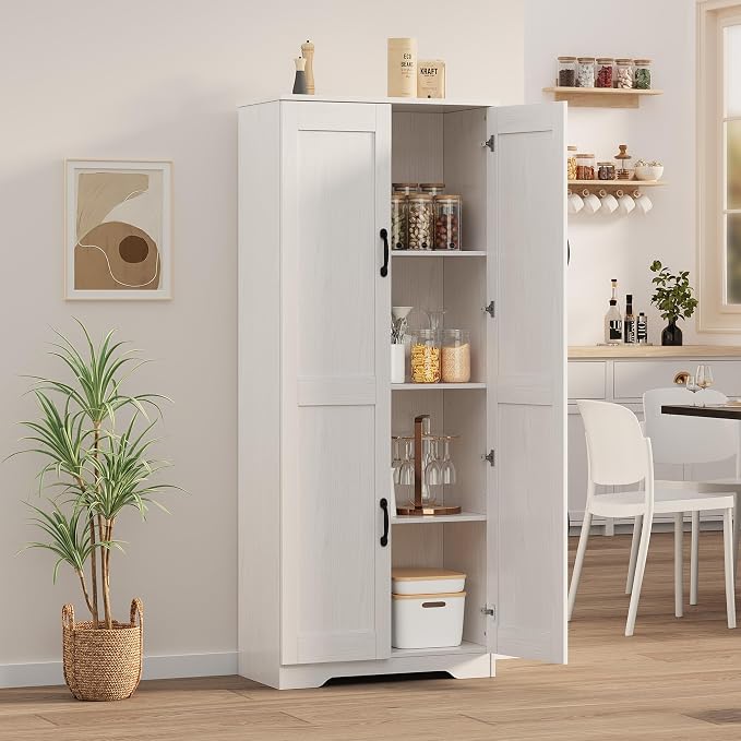 Garvee Kitchen Pantry Cabinet, Freestanding White Pantry Storage Cabinet, 60 in Cupboard, Tall Bathroom Storage Cabinet with 2 Doors and Adjustable Shelves, for Dining Room, Living Room, White | Kitchen Storage Cabinet with 2 Doors & Adjustable Shelves...