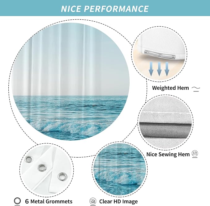 Small Stall RV Half Size Ocean Beach Coastal Seaside Shower Curtain for Bathroom 36W*72H Inch Nautical Summer Beachy Bathtub Decor Seascape Waterproof Polyester Fabric Set with 12 Hooks
