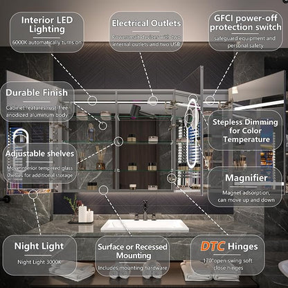 Recessed Medicine Cabinet with Lights, 60x36 Lighted Medicine Cabinet with Mirror, 5XMagnifier, GFCI Outlet, Soft-closed, Front&Backlit, Anti-Fog, Dimmable&Tunable, Sensor Lights, Adjustable Shelves