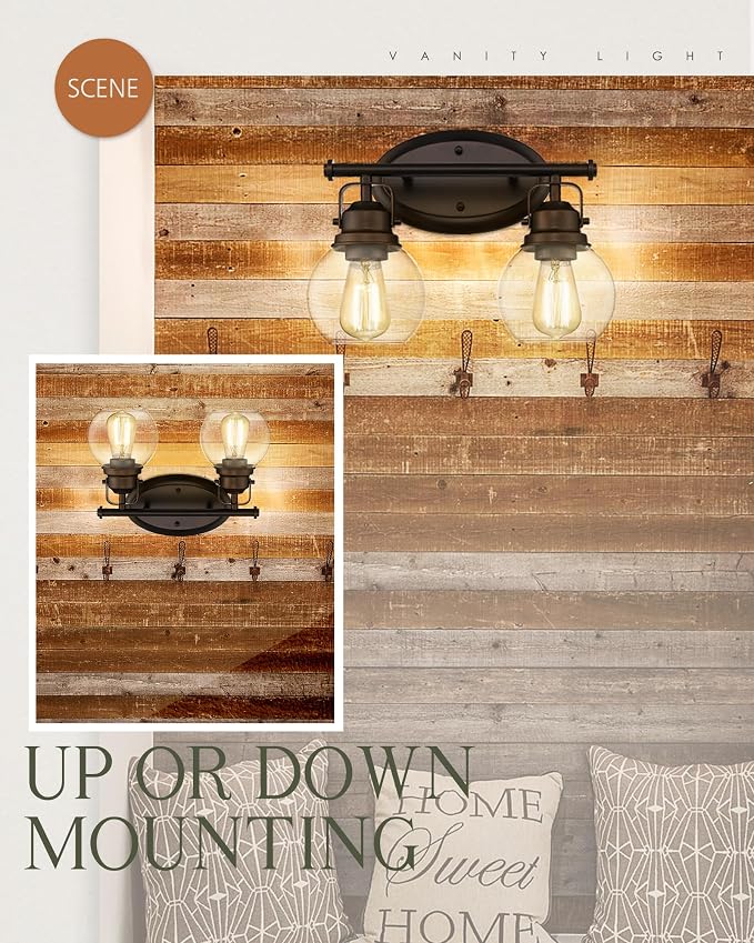 Farmhouse Vintage Bathroom Light Fixtures, 2-Light Wall Mount Lighting Sconce Over Mirror, Oil Rubbed Bronze Vanity Lights with Globe Clear Glass, AD-2147-2W