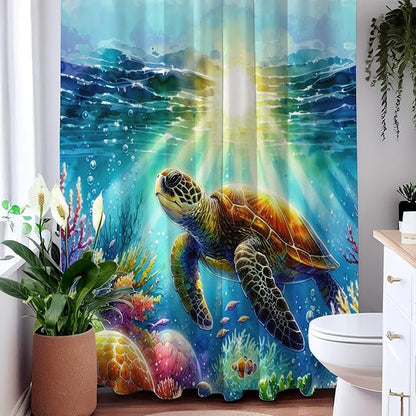 Blue Underwater Sea Turtle Shower Curtains for Bathroom,Ocean Theme and Fish Waterproof Polyester Shower Curtains,Funny Underwater Animals Theme Turtle Bathroom Decor,72x72 Inch