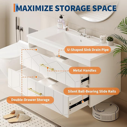 IDEALHOUSE Floating Bathroom Vanity with Sink 36 inch, Modern Bathroom Sink Cabinet, Ceramic Vanity Top, 2 Large Storage Drawers with Gold Metal Handle, Easy to Assembly, White