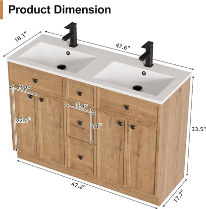 LUCKWIND 48" Farmhouse Bathroom Vanity with Sink Combo, Rustic Modern Bathroom Cabinet with Undermount Solid Surface Double Sink, Soft-Close Hinges & Water-Saving Faucet, Natural