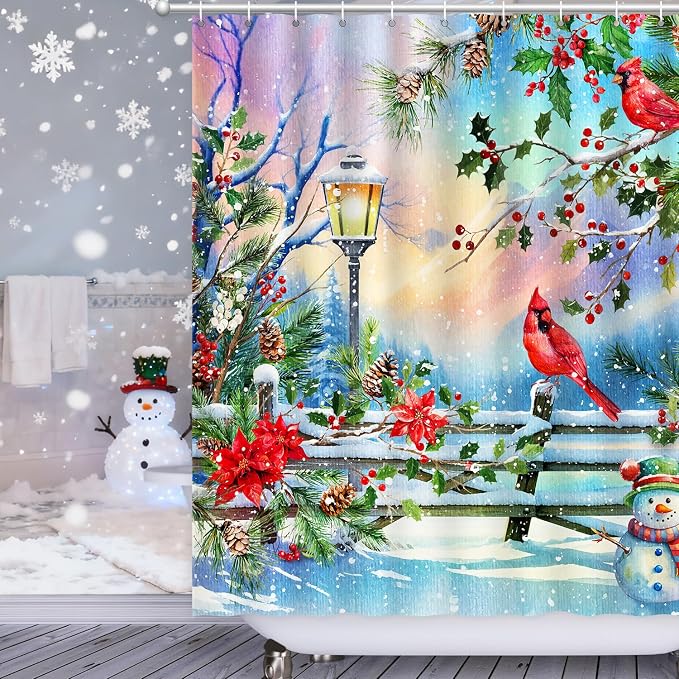 Winter Shower Curtain, Shower Curtains Cardinal Birds Berry Snowman Pine Tree Holiday showercurtain Waterproof Polyester Machine Washable Home Farmhouse Decor Bathroom Curtains