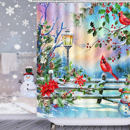 Winter Shower Curtain, Shower Curtains Cardinal Birds Berry Snowman Pine Tree Holiday showercurtain Waterproof Polyester Machine Washable Home Farmhouse Decor Bathroom Curtains