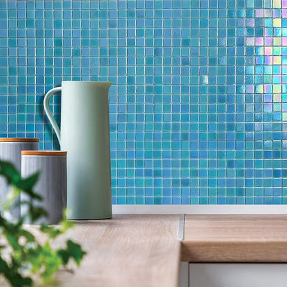 DICOFUN 2 Blue Rainbow Peel and Stick Backsplash, 6.6" x 6.6" Glass Mosaic Tile for Kitchen and Bathroom