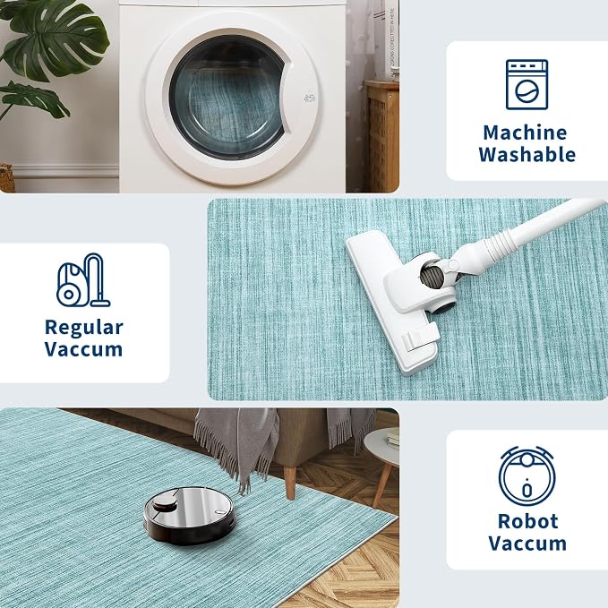 Garvee Washable Area Rugs 8x10 Modern Solid Color Living Room Rug, Blue | Non Slip Backing Stain Resistant Non Shedding Low Pile Soft Foldable Neutral Rug for Bedroom Dining Room Office
