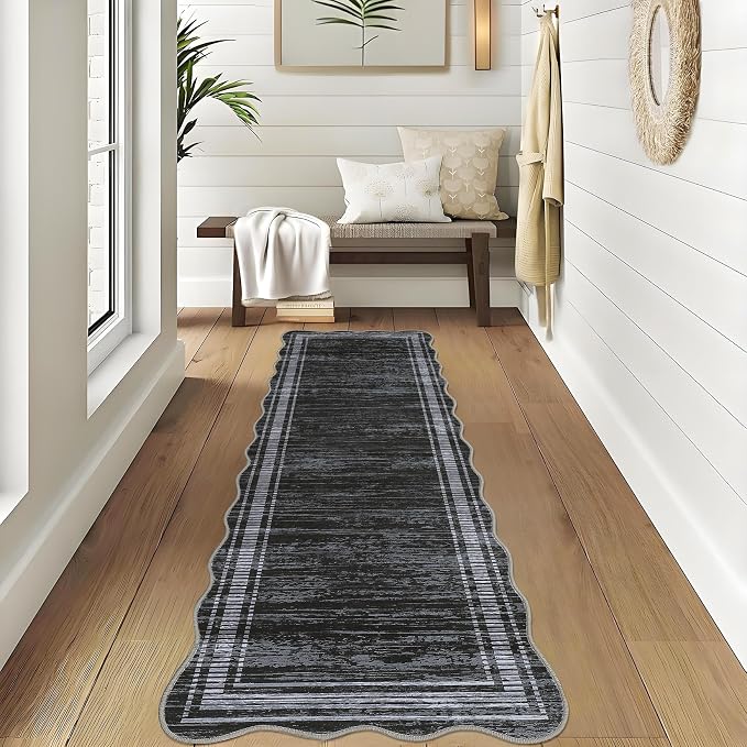 Garvee Washable Runner Rug 2x6 Modern Solid Scalloped Kitchen Runner Black | Modern Long Runner Rug for Entryway Bedroom, Non Slip Low Pile Solid Runner Rugs for Entryway, Nursery Rugs Runner