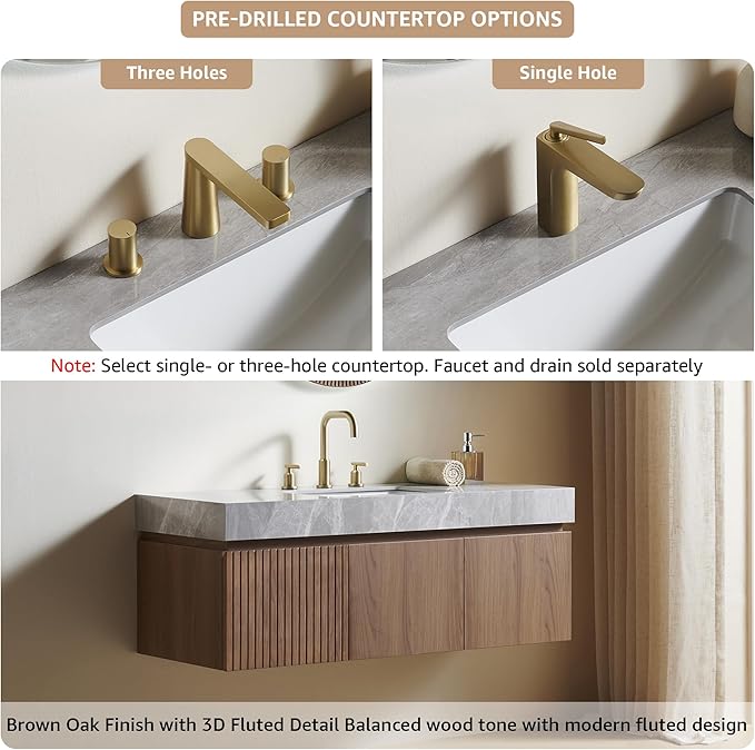 48” Floating Bathroom Vanity with Sink, Wall-Mounted Cabinet with Drawer & Doors, Gray Travertine-Pattern Sintered Stone Top, Undermount Basin, 3 Faucet Hole, Soft-Close, Pre-Assembled, Brown Oak