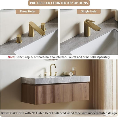 48” Floating Bathroom Vanity with Sink, Wall-Mounted Cabinet with Drawer & Doors, Gray Travertine-Pattern Sintered Stone Top, Undermount Basin, 3 Faucet Hole, Soft-Close, Pre-Assembled, Brown Oak