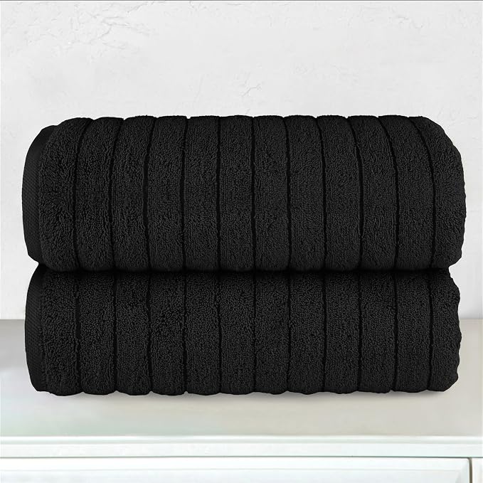 Elegant Comfort 100% Turkish Cotton Corduroy Ribbed Luxury Soft 2 Pack Bath Towels 27 x 54 Inch - Ultra Plush, Absorbent, Quick Dry, Hotel Spa Quality Towels for Bathroom Essentials, Black