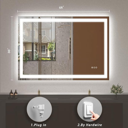 48x30 LED Lighted Bathroom Mirror for Vanity Wall | Front Light and Backlit, Anti-Fog, Memory, 3 Color, Tempered Glass, Dimmable, Rectangular, UL, Horizontal/ Vertical Mounted