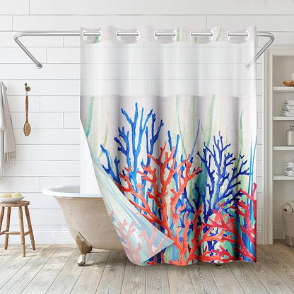 Americanflat 72x75 Hookless Shower Curtain - Water-Resistant Coral Reef Shower Curtain with Sheer Panel, Snap-in Liner, and Grommets - 100% Polyester - Cobalt Blue, Coral Red, Seafoam Green and White
