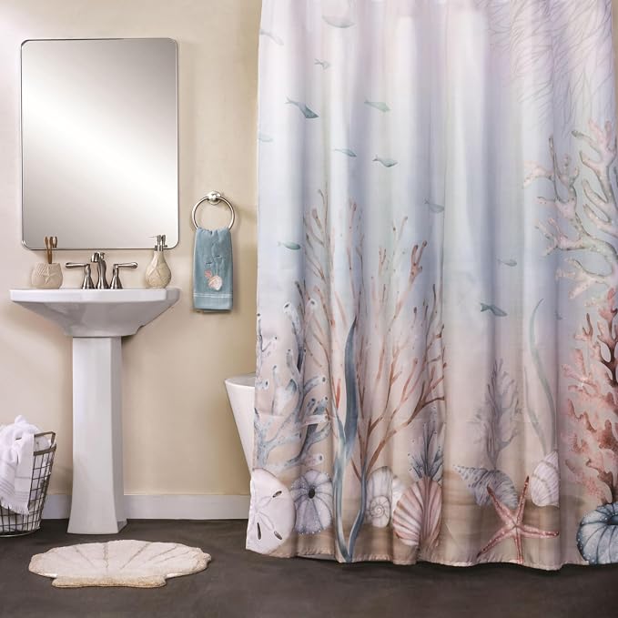 SKL Home Coastal Curacao Shower Curtain, Pastels | Machine washable fabric. Great for Airbnb, beach décor, and everyday bathrooms.