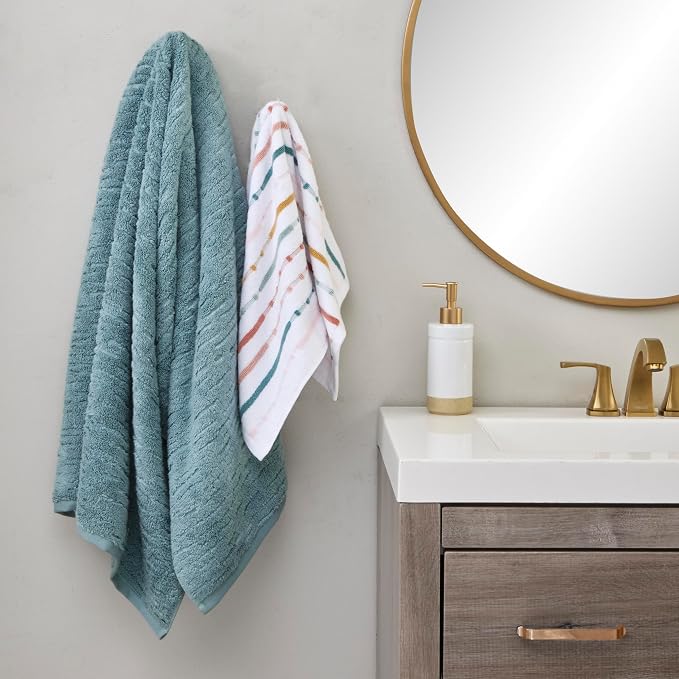 SKL Home CloudSoft/Modesto Stripe Bath Towel Set, 6-Piece, Teal/Multi | 2 Bath towels, 2 hand towels. 2 washcloths. 100% Cotton. 600 GSM. Soft & absorbent jacquard. Premium spa-level quality.