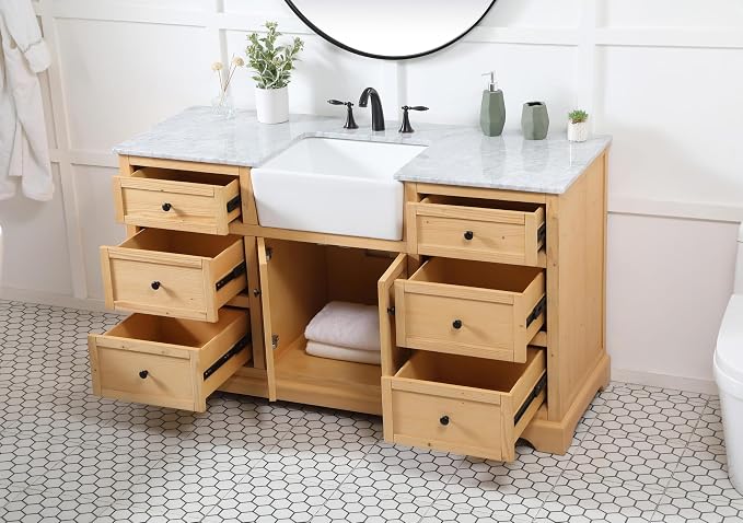 60" Pre-Assembled Bathroom Vanity with Sink, Solid Birch and MDF, Carrara White Marble Countertop Attached, Single Rectangle Porcelain Sink, 6 Soft-Close Drawers, Natural Wood
