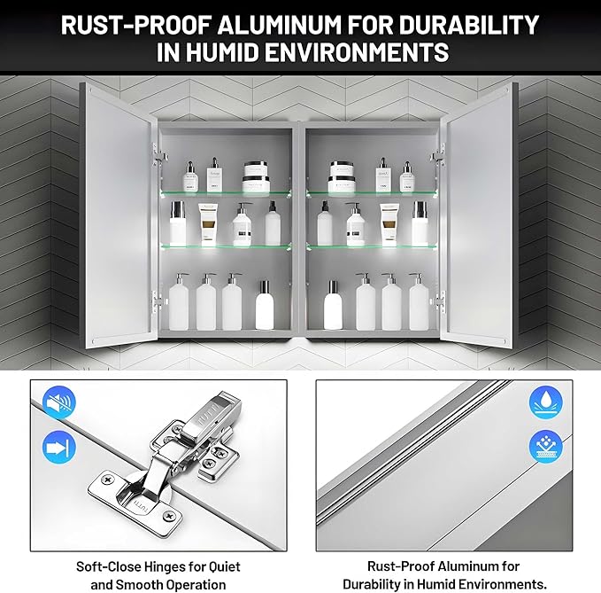 32 x 24 Medicine Cabinet Mirror for Bathroom,Assembly Required,Aluminum Alloy Frame,Surface-Mount Only,Mirrored Side Panel,Adjustable Shelves,Bathroom Medicine Cabinet with Mirror