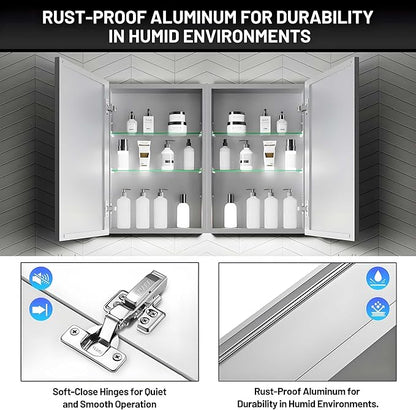 32 x 24 Medicine Cabinet Mirror for Bathroom,Assembly Required,Aluminum Alloy Frame,Surface-Mount Only,Mirrored Side Panel,Adjustable Shelves,Bathroom Medicine Cabinet with Mirror