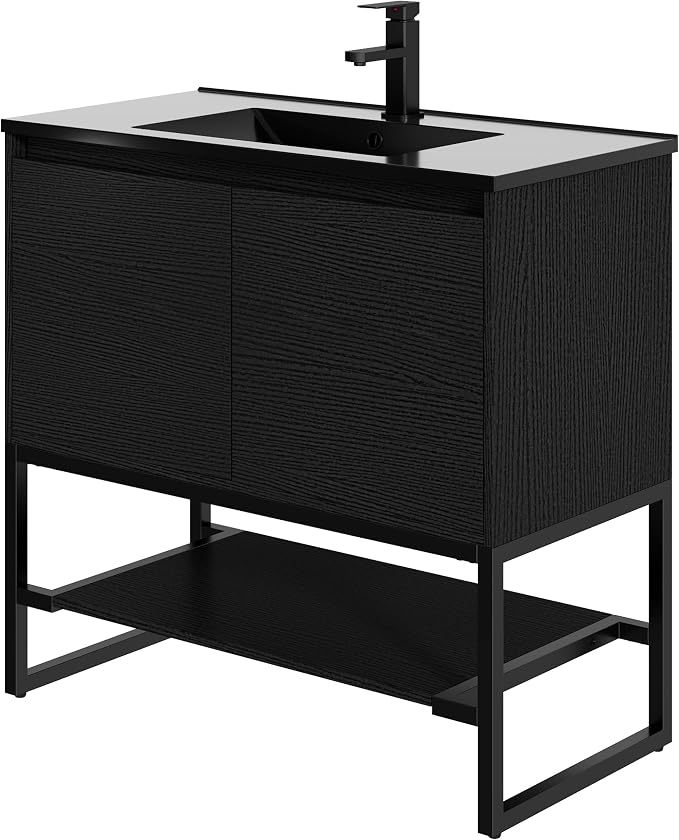 LUCKWIND 36" Modern Bathroom Vanity with Single Black Sink Combo, Freestanding Storage Cabinet with Metal Frame, Water-Saving Faucet and Open Shelf and 2 Soft-Closing Door, Black
