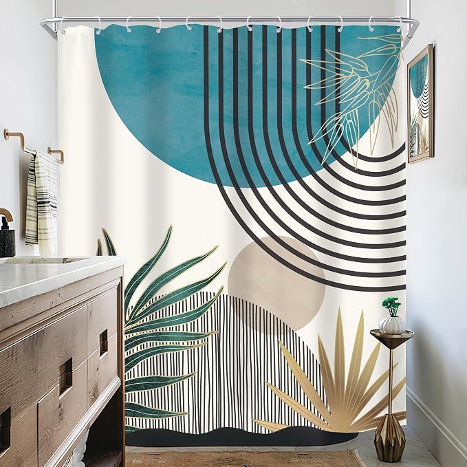 Mid Century Boho Abstract Blue Modern Gray Bathroom Shower Curtain Set | 60Wx72L Sun Arch design, waterproof HD print with fast-drying fabric and 12 hooks.