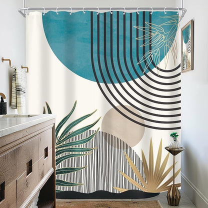 Mid Century Boho Abstract Blue Modern Gray Bathroom Shower Curtain Set | 60Wx72L Sun Arch design, waterproof HD print with fast-drying fabric and 12 hooks.