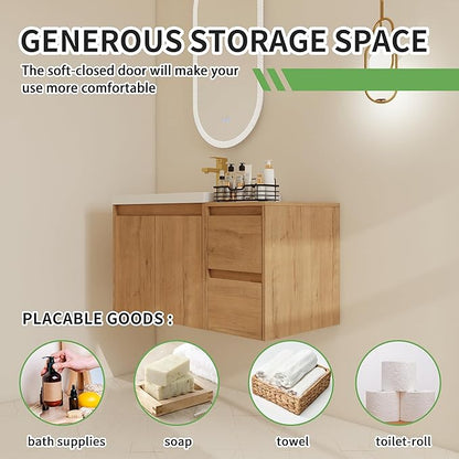 36" Bathroom Vanity Set, 36 Inch Modern Floating Vanity with 2 Doors and 2 Drawers, Single Resin Sink Wall Mount Cabinet Set, Modern Bathroom Cabinet with Sink, Soft-Closed Door and Drawer