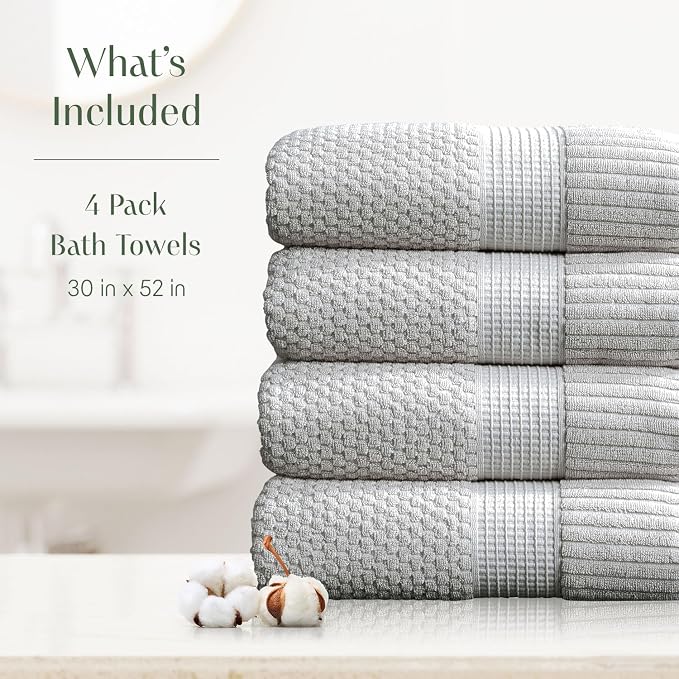 4 Pack 100% Cotton Bath Towels | Grey Towels | Oeko‑TEX Standard 100 | Soft & Absorbent, Quick‑Dry | Trinity Collection - Quiet Grey