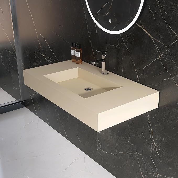35" x 19" Bathroom Sink with Single Faucet Hole, Stone Resin Wall Mount Sink, Rectangle Solid Surface Vessel Sinks for Bathroom, Floating or Countertop Vessel Sinks, Latte Color