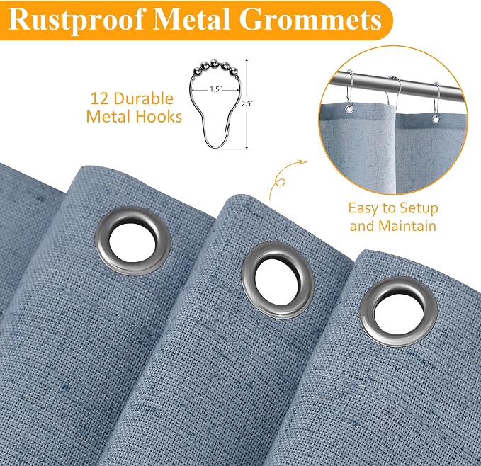 Extra Long Linen Shower Curtain 90 Inch Long Shower Curtains Set with Hooks for Bathroom Boho Farmhouse Fabric Neutral Cloth Modern Cottage Core Waterproof,Stone Blue